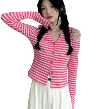 Striped Off-Shoulder Knitwear Cardigan - Cardigans