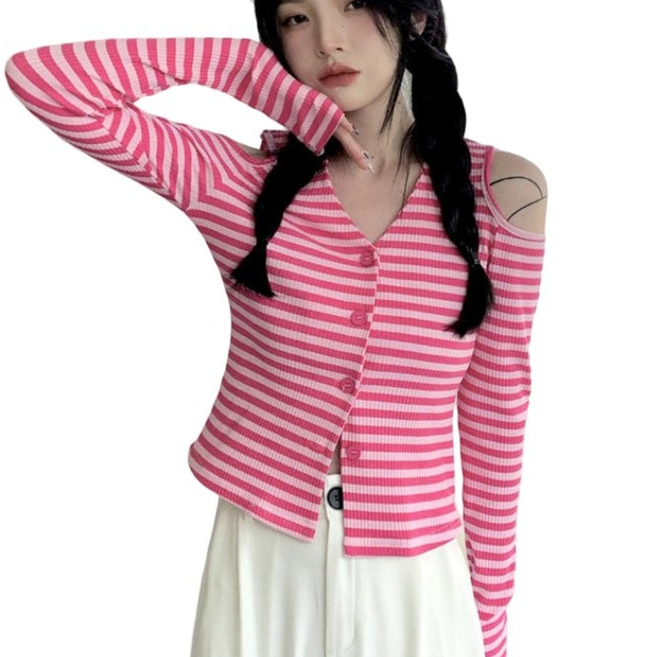 Y2k Striped Off-Shoulder Knitwear Cardigan