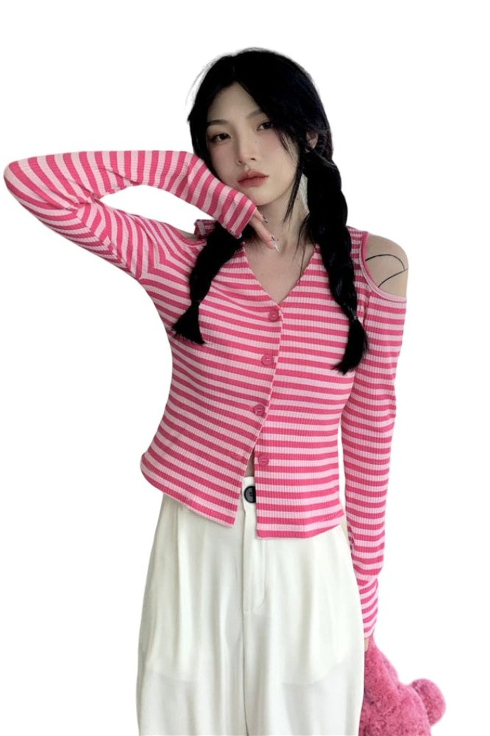 Y2k Striped Off-Shoulder Knitwear Cardigan