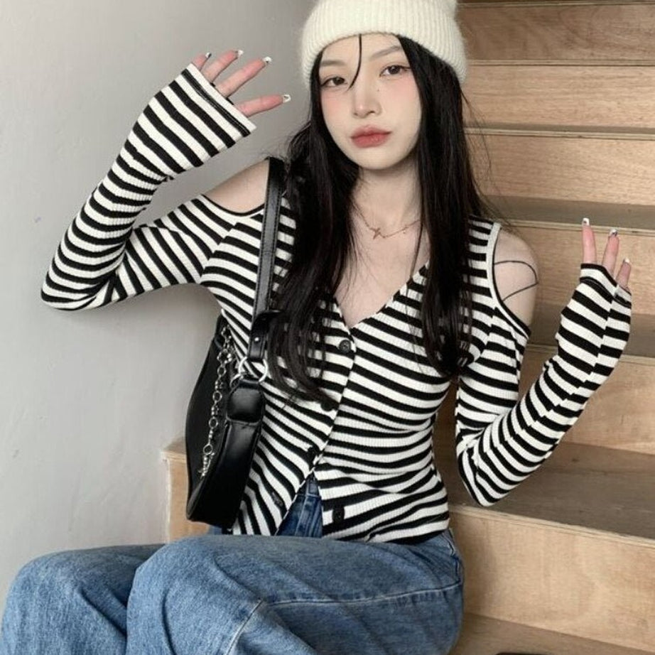 Y2k Striped Off-Shoulder Knitwear Cardigan