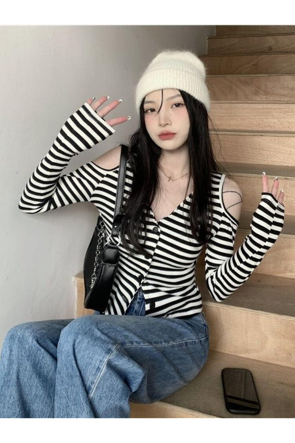 Y2k Striped Off-Shoulder Knitwear Cardigan