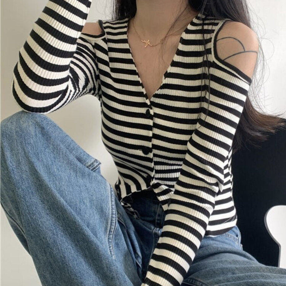 Y2k Striped Off-Shoulder Knitwear Cardigan