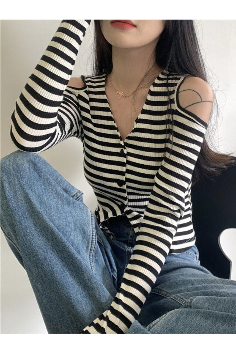 Y2k Striped Off-Shoulder Knitwear Cardigan