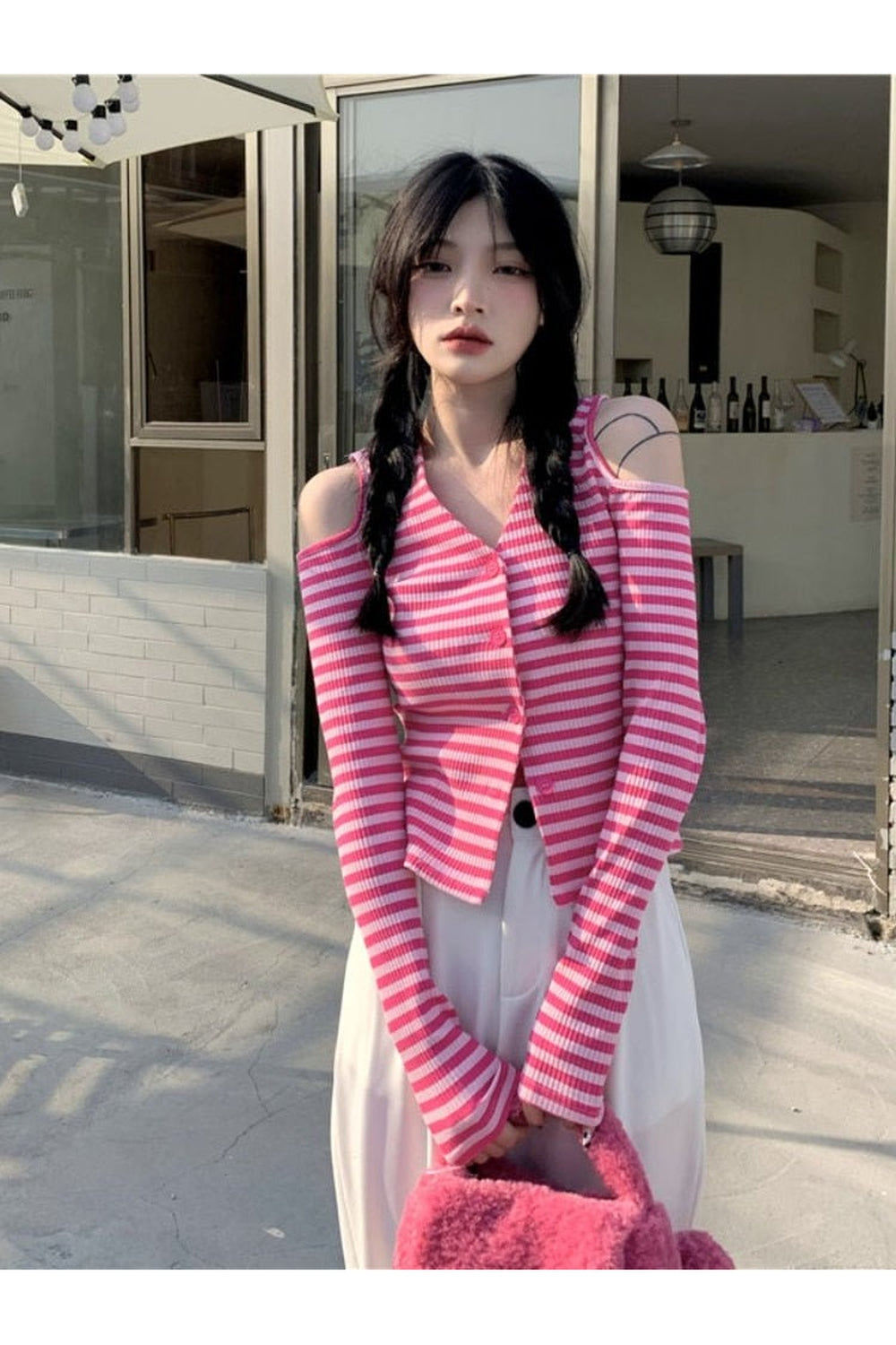 Y2k Striped Off-Shoulder Knitwear Cardigan