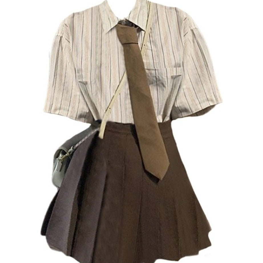 Y2k Striped Tie Lapel Shirt + A-Line Mini Skirt