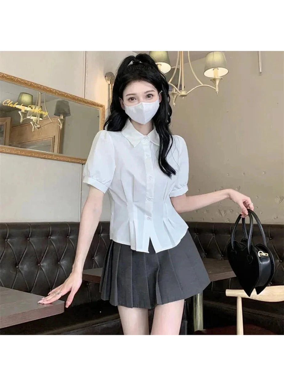 Y2k Summer Cropped Turndown Collar Blouse