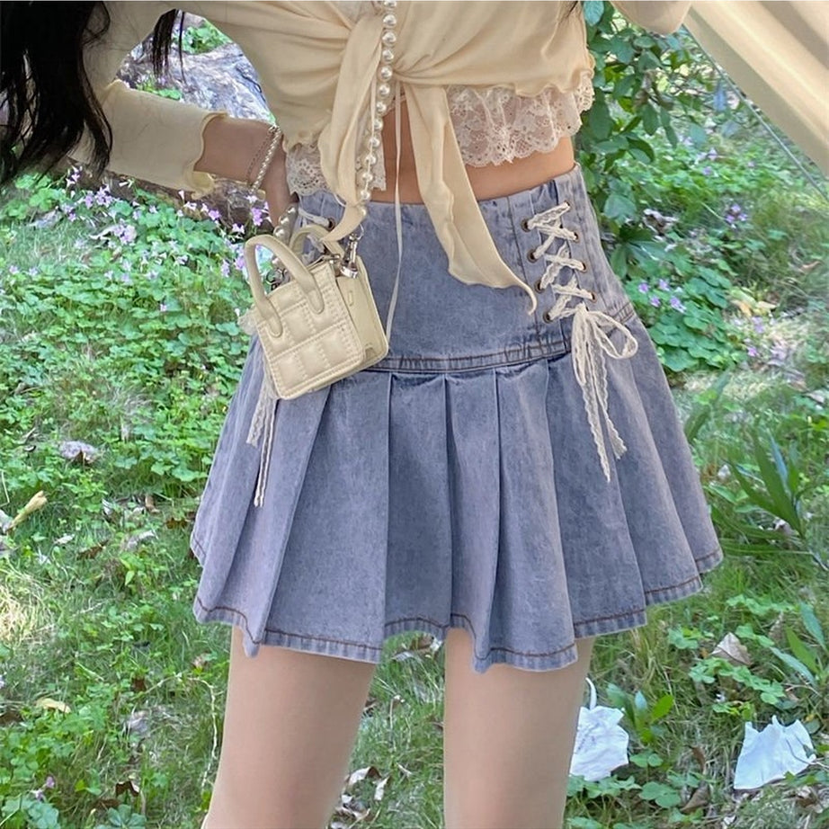 Y2k Summer Lace-up Denim Skirt