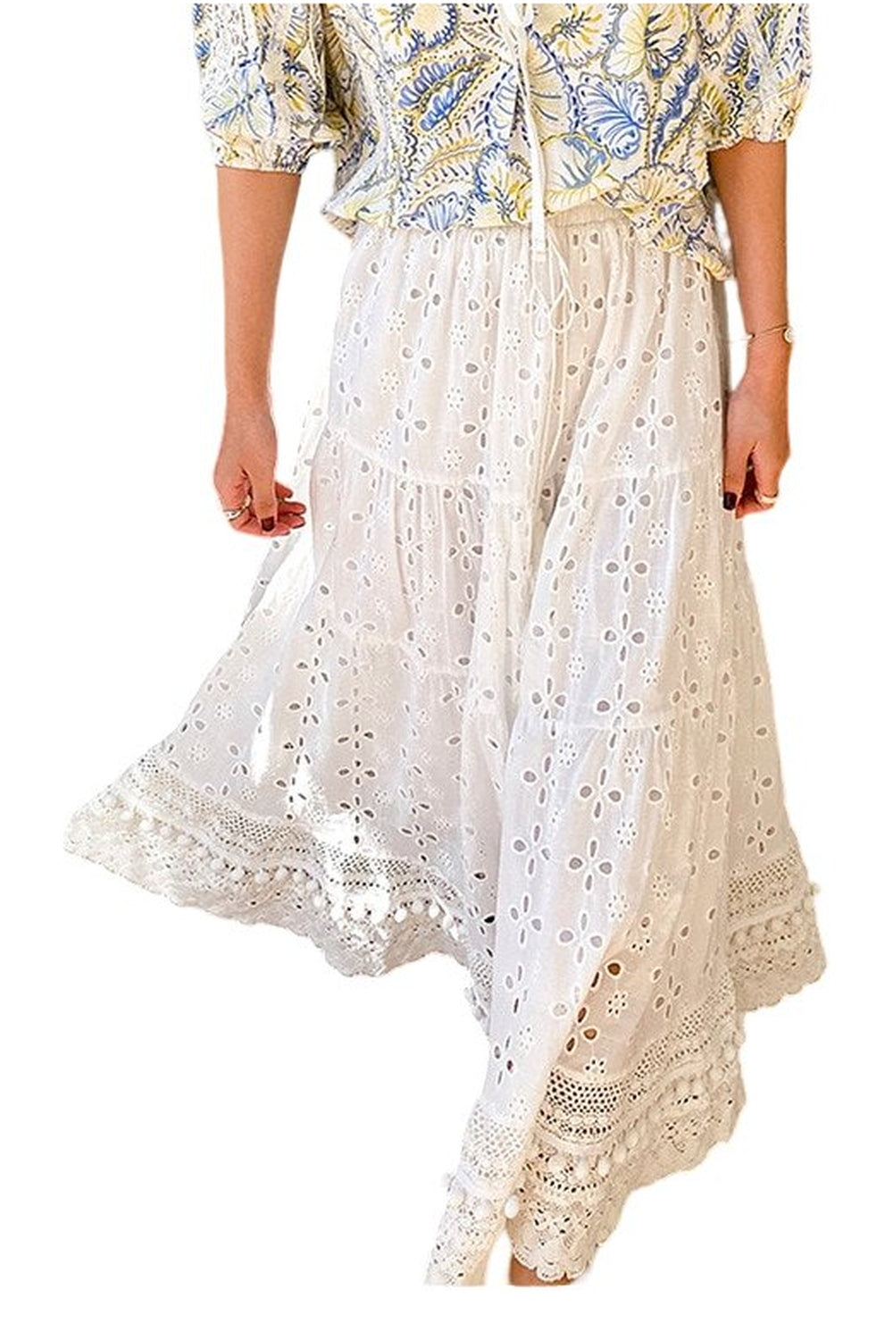 Y2k Summer White Floral Embroidery Long Skirt