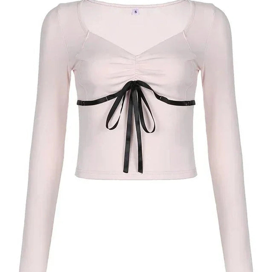 Y2k Sweet Contrast Ribbon Crop Top