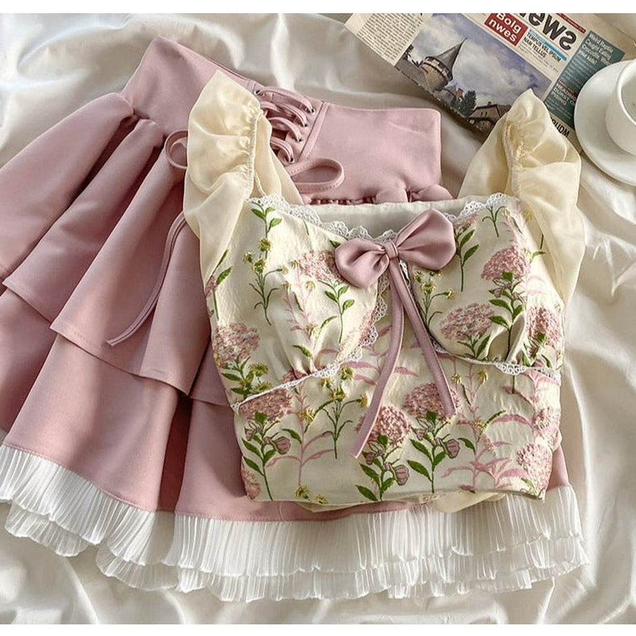 Y2k Sweet Elegant Skirt & Blouse Set
