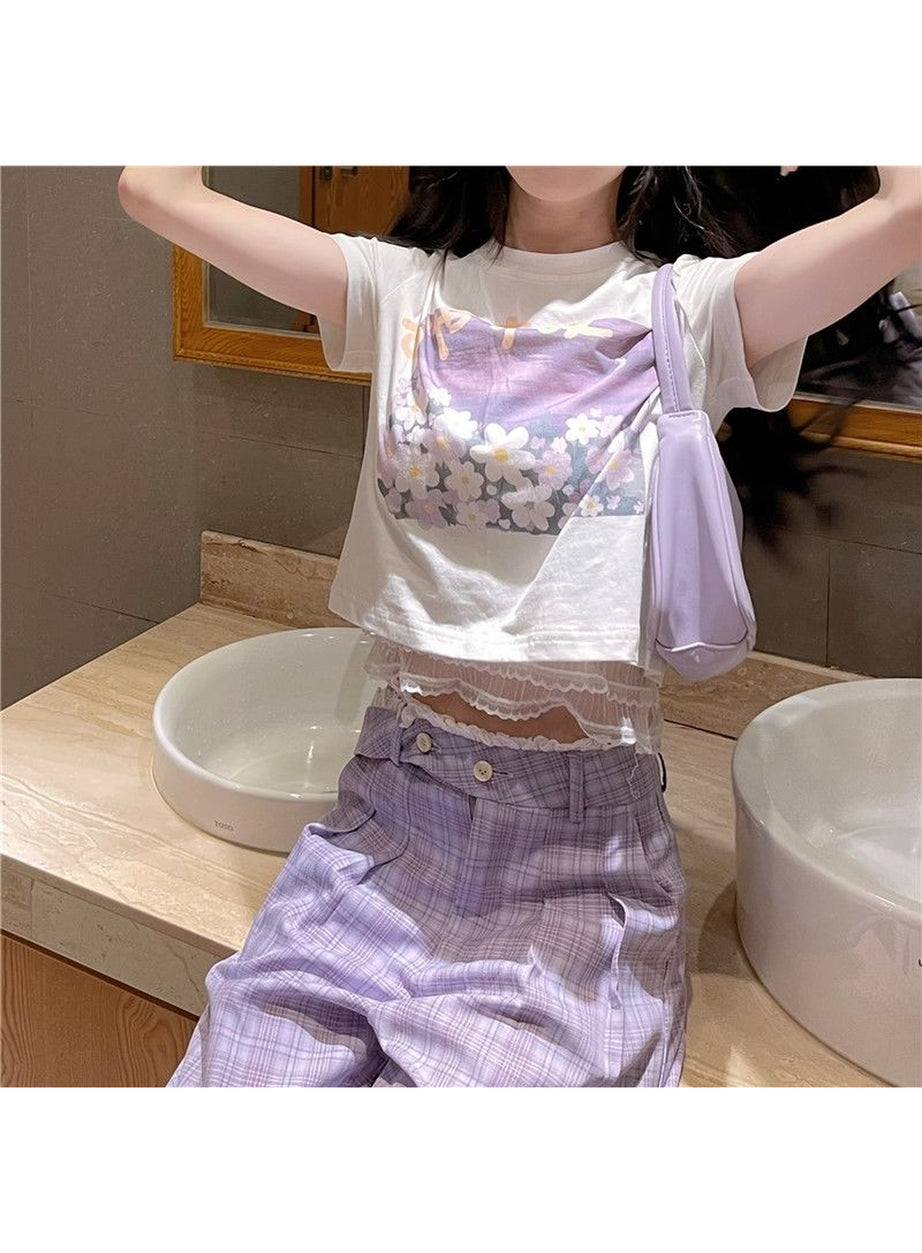 Y2k Sweet Floral O-neck T-shirt