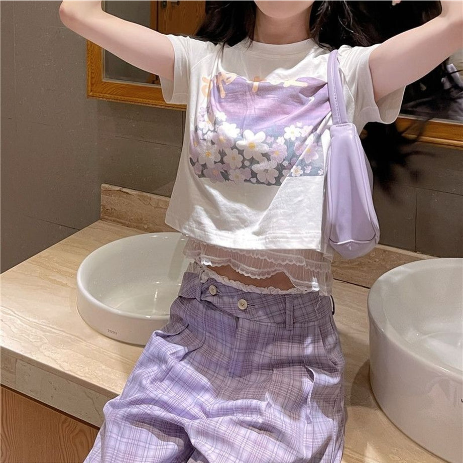 Y2k Sweet Floral O-neck T-shirt