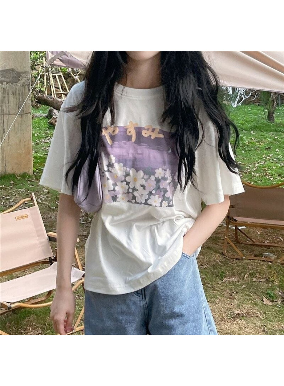 Y2k Sweet Floral O-neck T-shirt