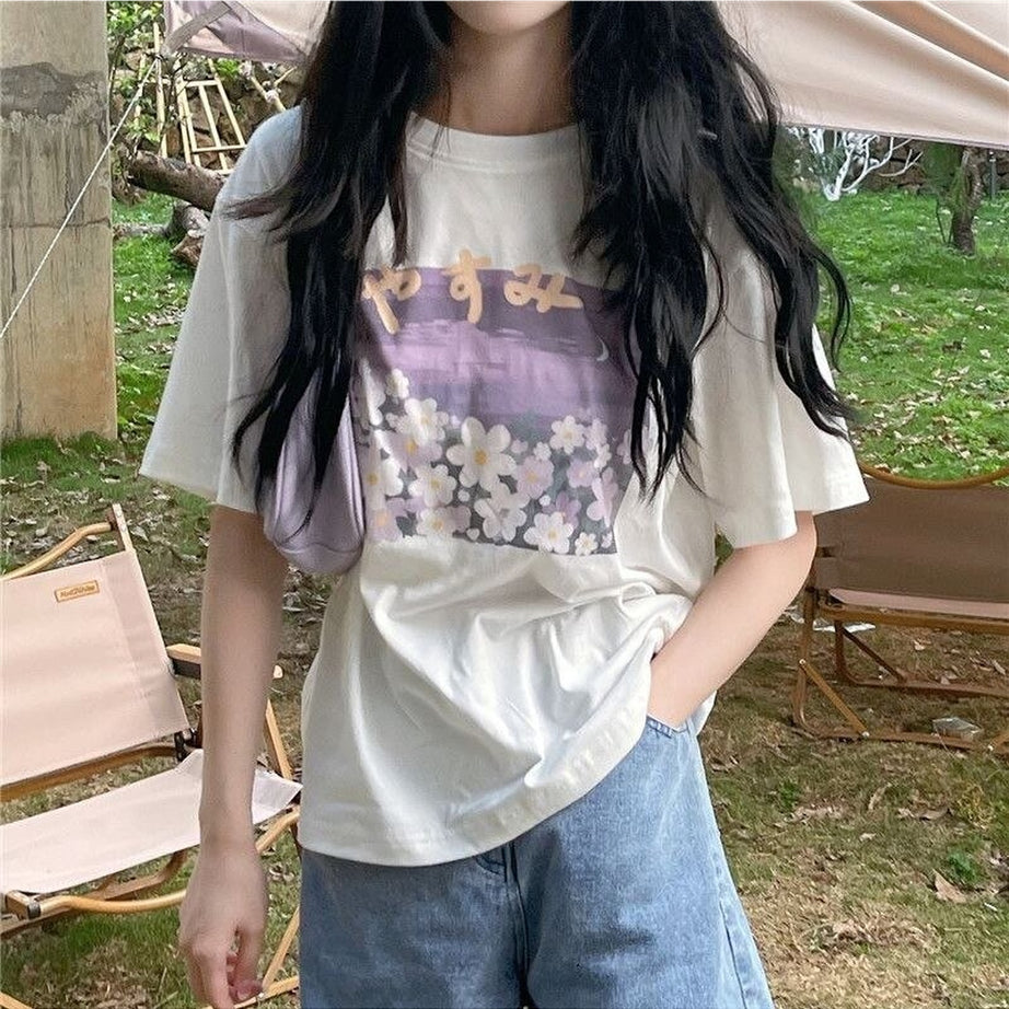 Y2k Sweet Floral O-neck T-shirt