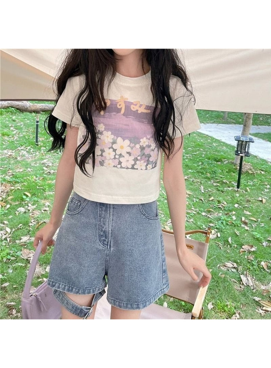 Y2k Sweet Floral O-neck T-shirt