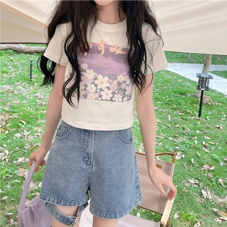 Y2k Sweet Floral O-neck T-shirt