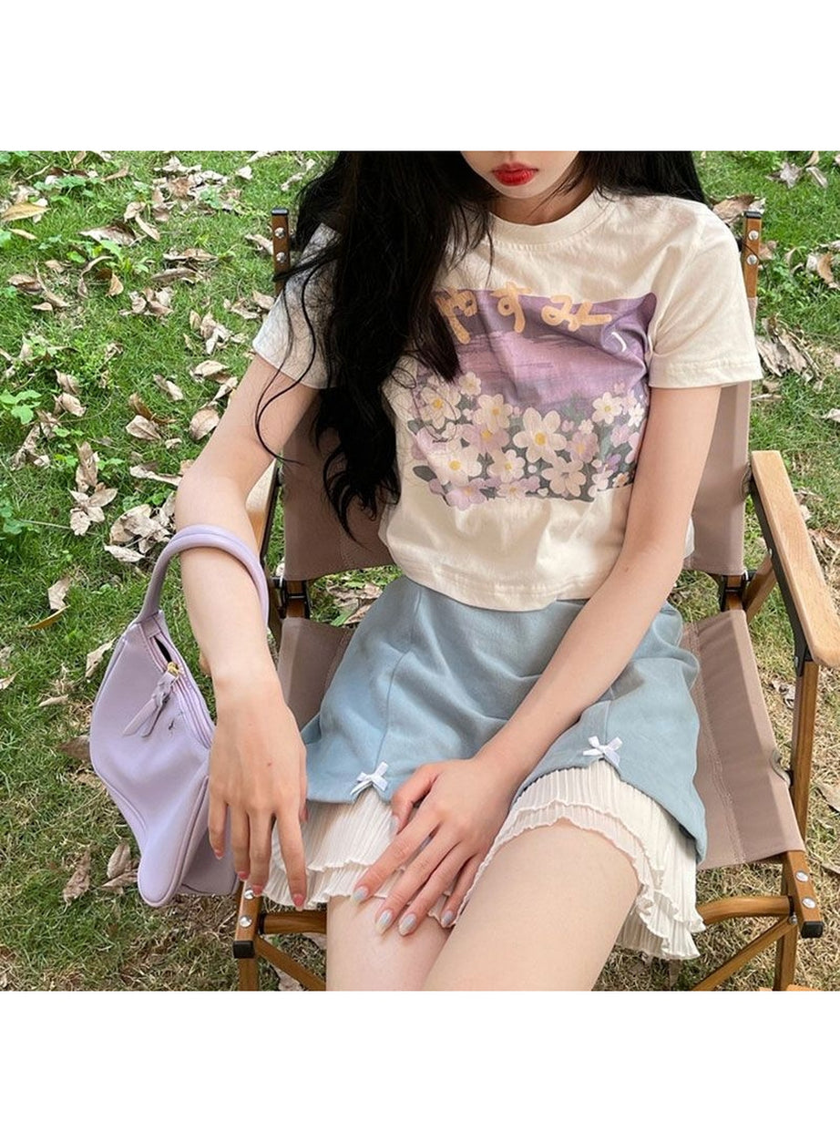 Y2k Sweet Floral O-neck T-shirt