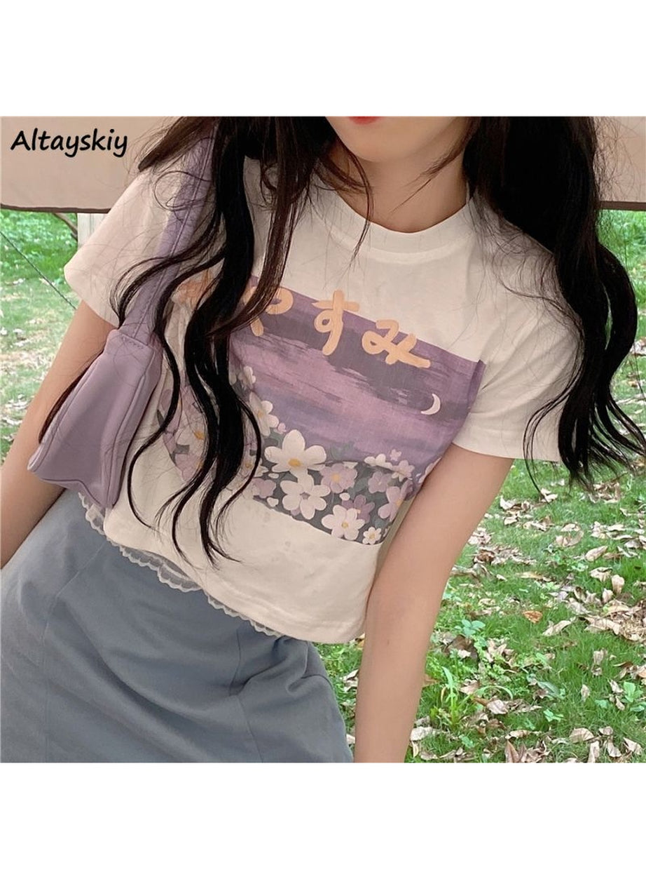 Y2k Sweet Floral O-neck T-shirt