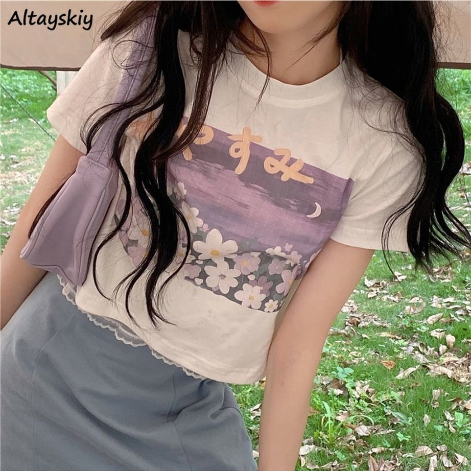 Y2k Sweet Floral O-neck T-shirt