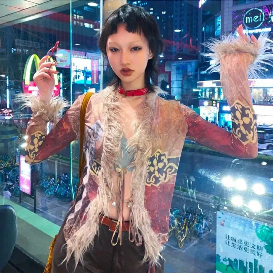 Y2k Tassel Mesh Grunge Irregular Shirt