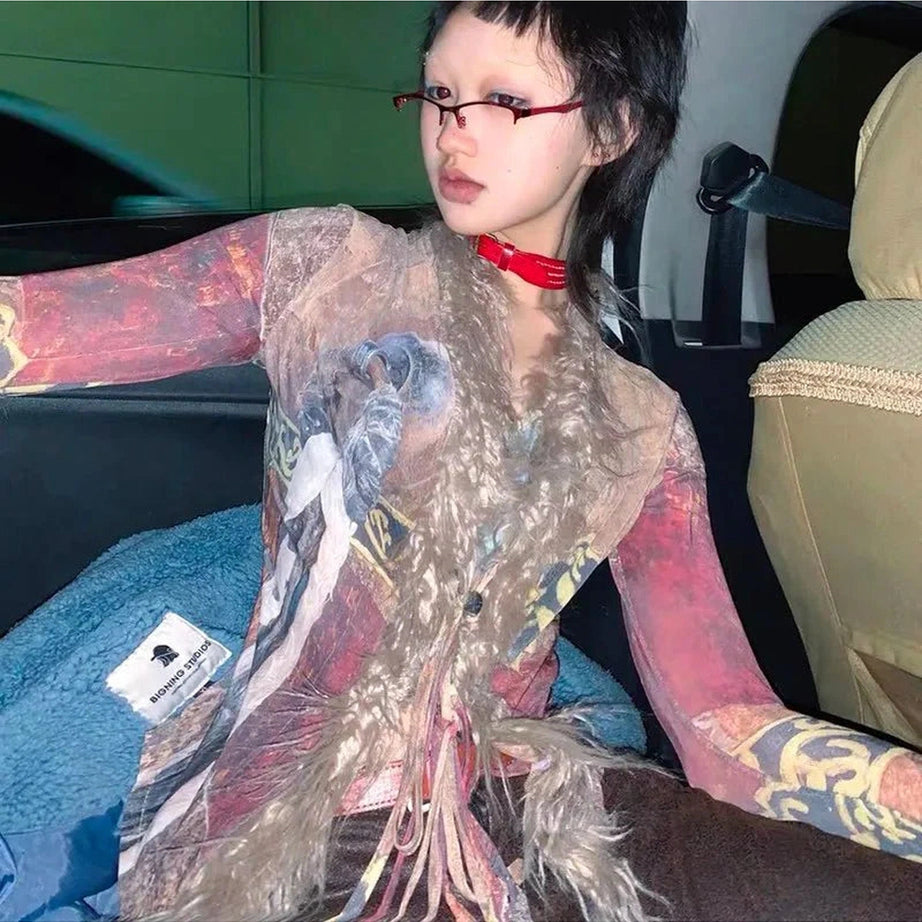 Y2k Tassel Mesh Grunge Irregular Shirt