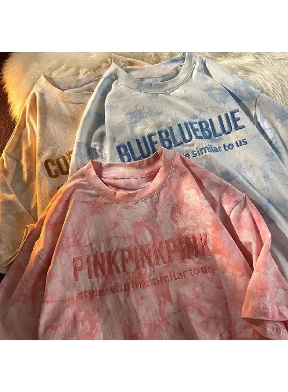 Y2k Tie-dye Embroidery Letter T-shirt
