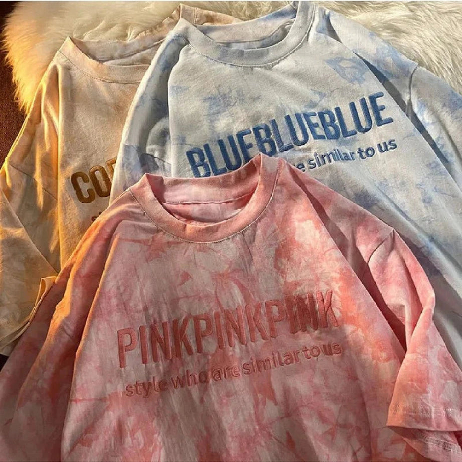 Y2k Tie-dye Embroidery Letter T-shirt