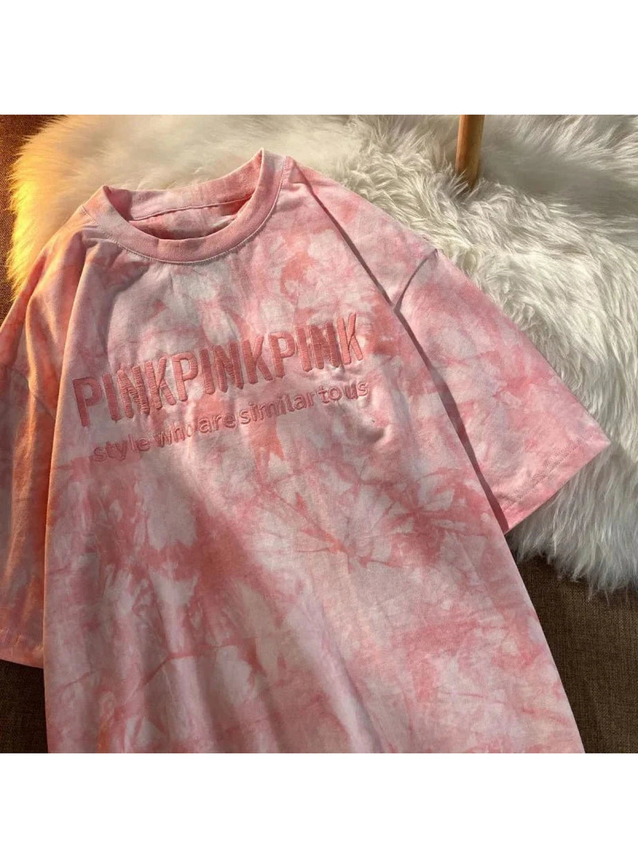 Y2k Tie-dye Embroidery Letter T-shirt