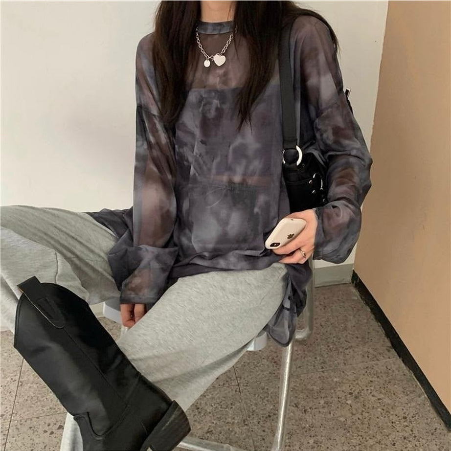 Y2k Tie Dye Long Sleeve Mesh T-shirt