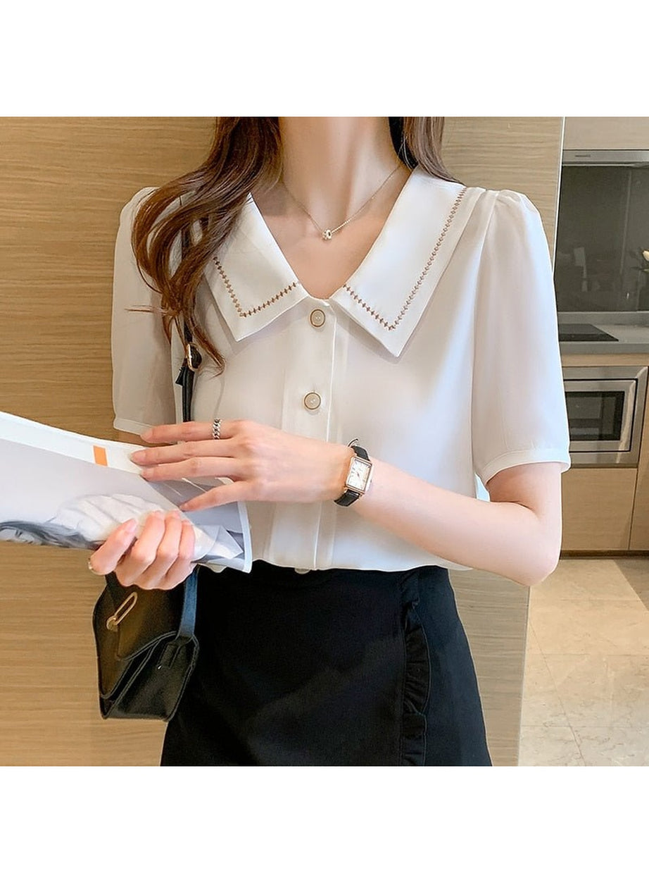 Y2k Turn-Down Collar Chiffon Blouse
