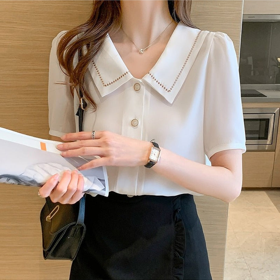 Y2k Turn-Down Collar Chiffon Blouse