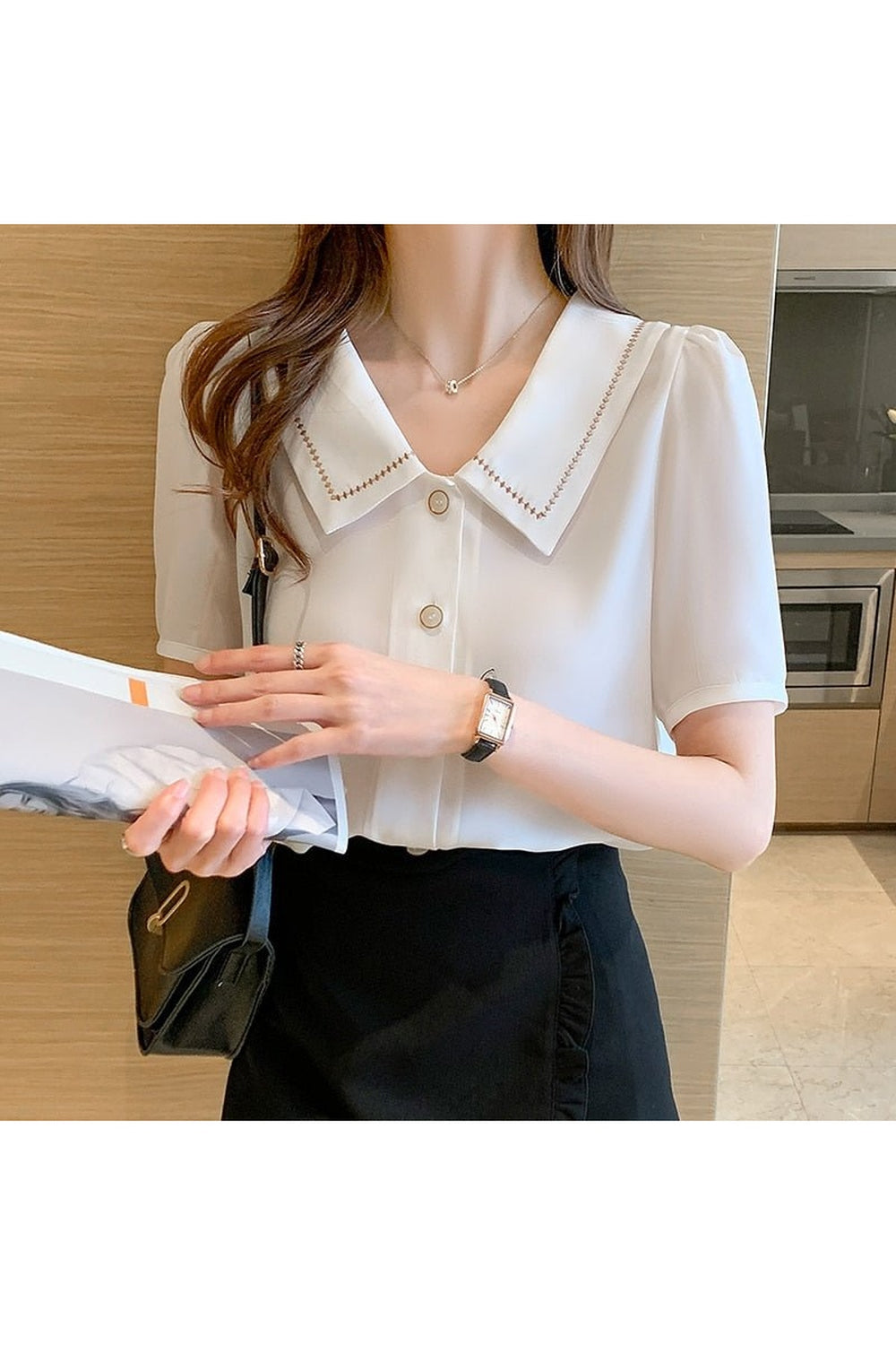 Y2k Turn-Down Collar Chiffon Blouse