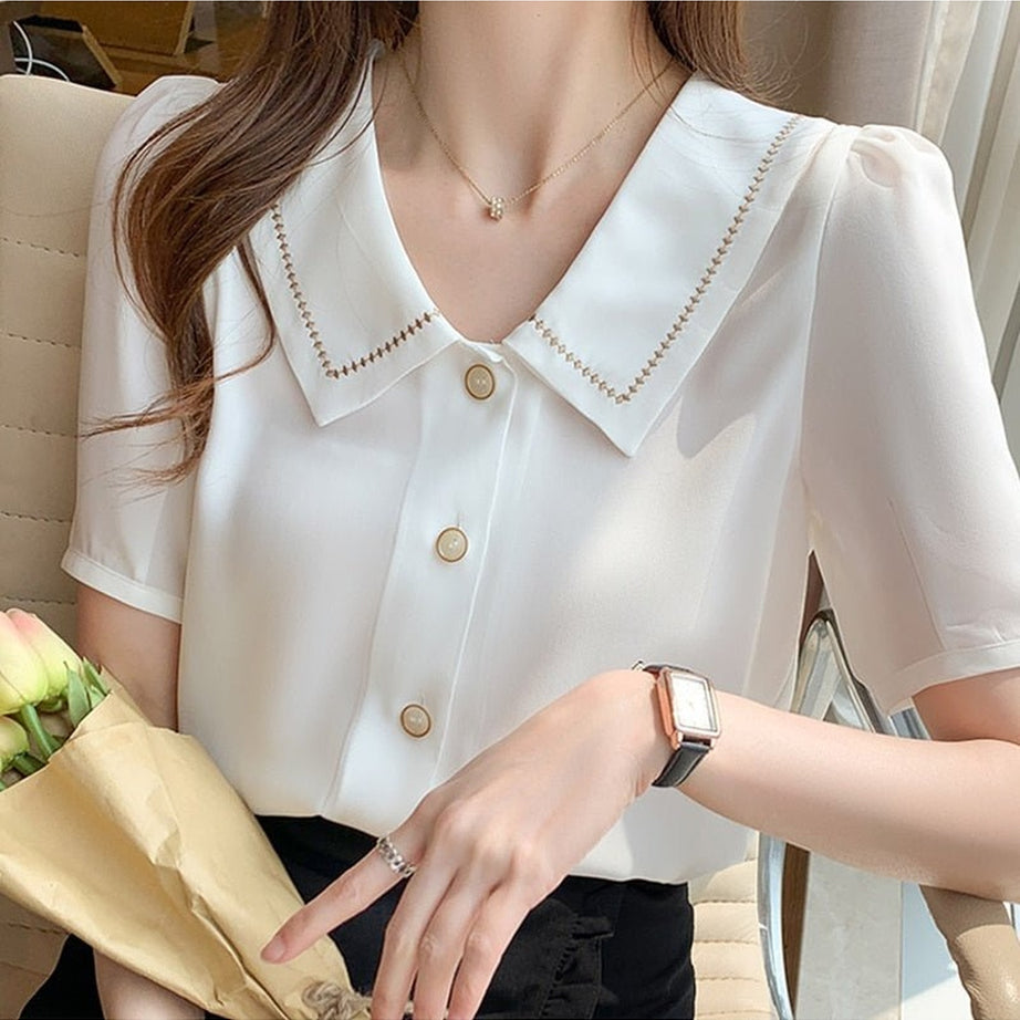 Y2k Turn-Down Collar Chiffon Blouse