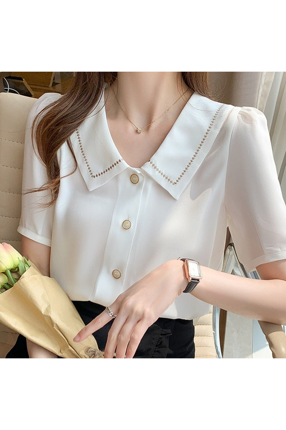 Y2k Turn-Down Collar Chiffon Blouse