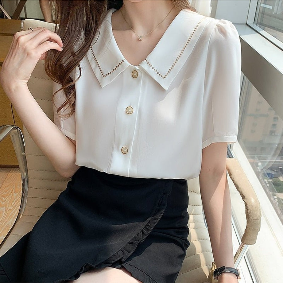 Y2k Turn-Down Collar Chiffon Blouse