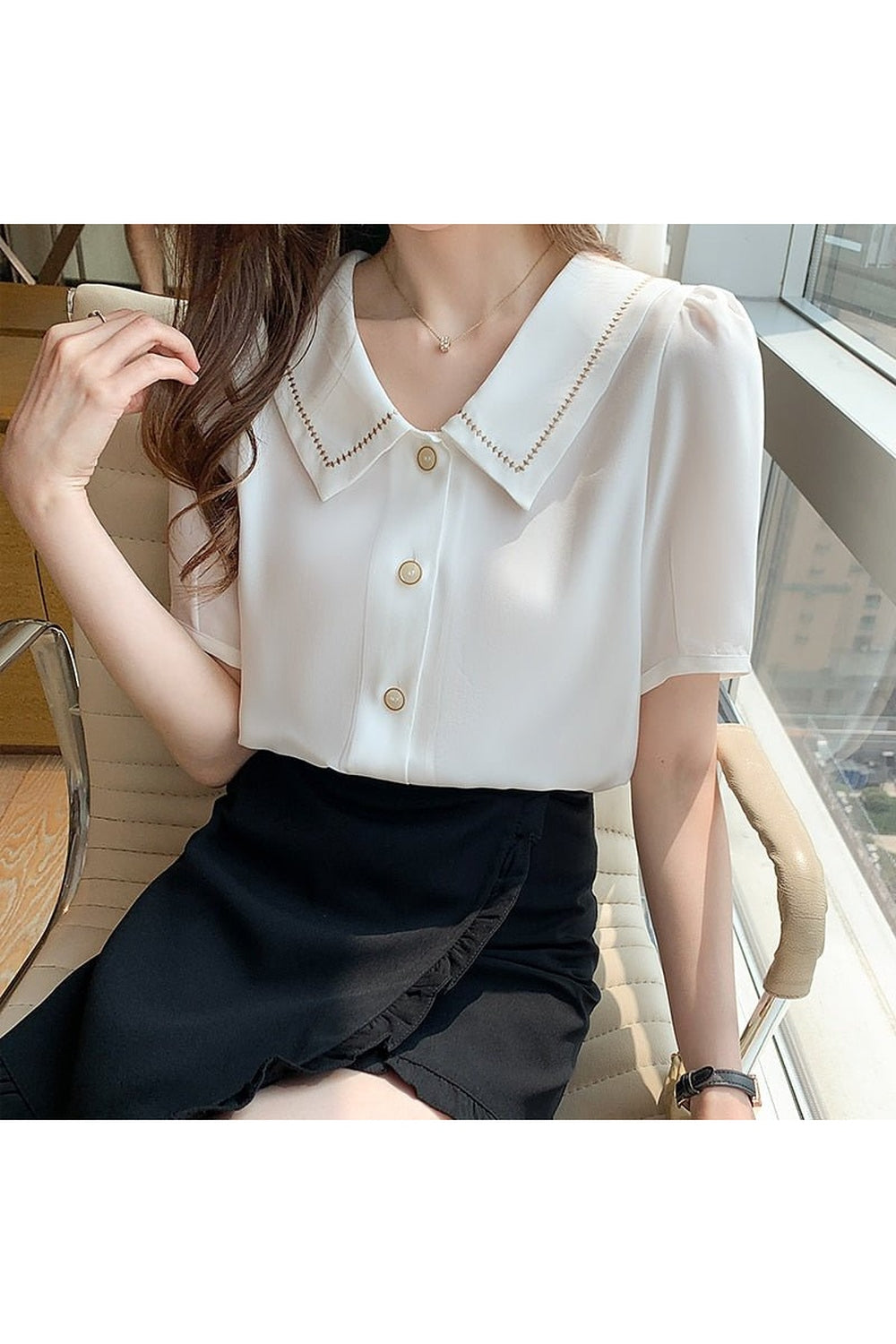 Y2k Turn-Down Collar Chiffon Blouse