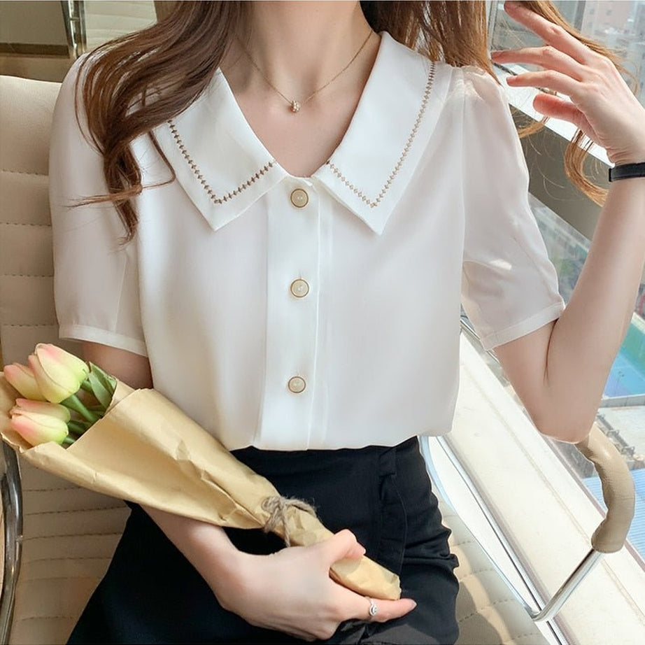 Y2k Turn-Down Collar Chiffon Blouse