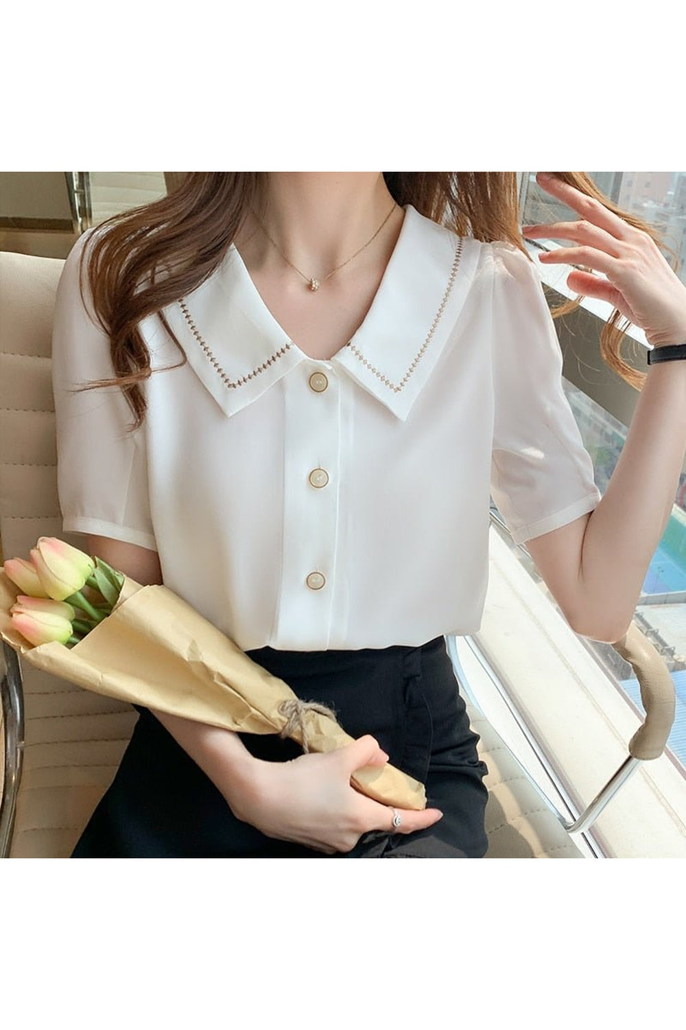 Y2k Turn-Down Collar Chiffon Blouse
