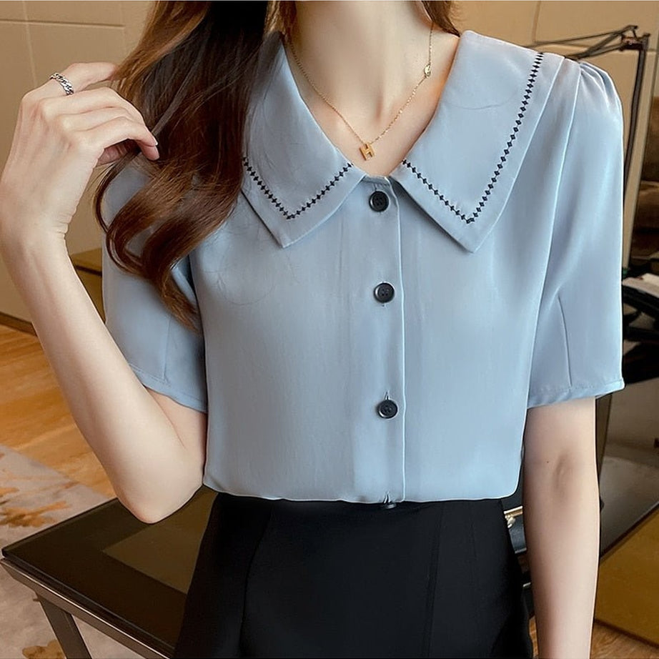 Y2k Turn-Down Collar Chiffon Blouse