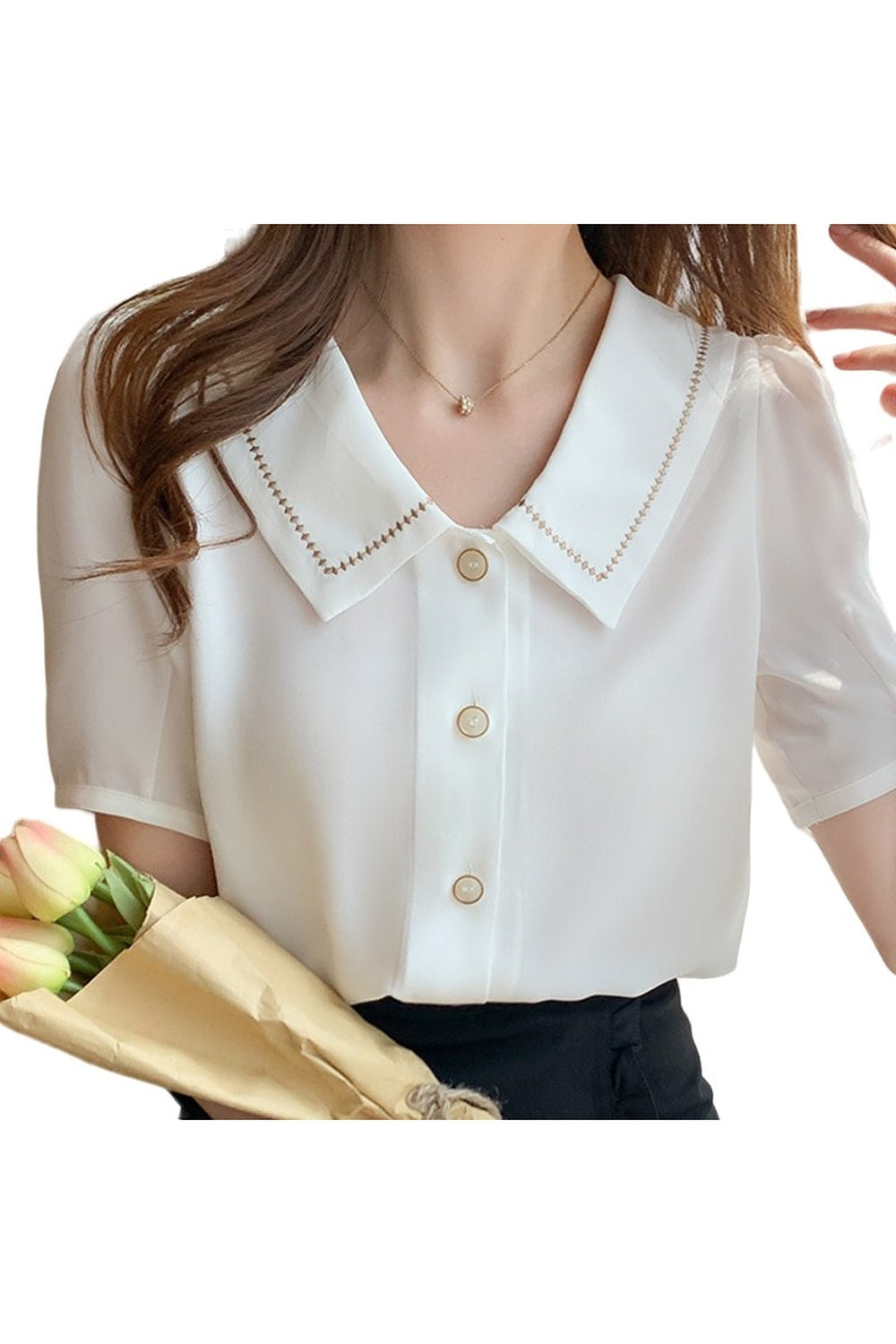 Y2k Turn-Down Collar Chiffon Blouse