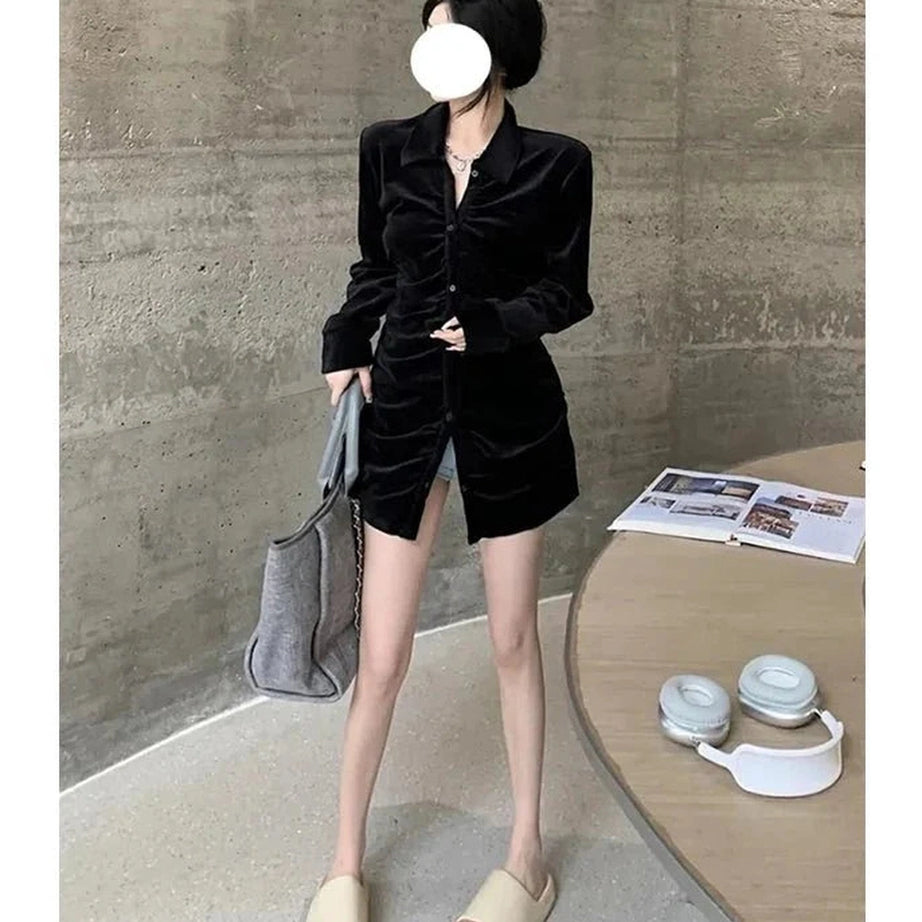 Y2k Velvet Pleated Blouse