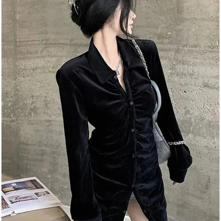 Y2k Velvet Pleated Blouse