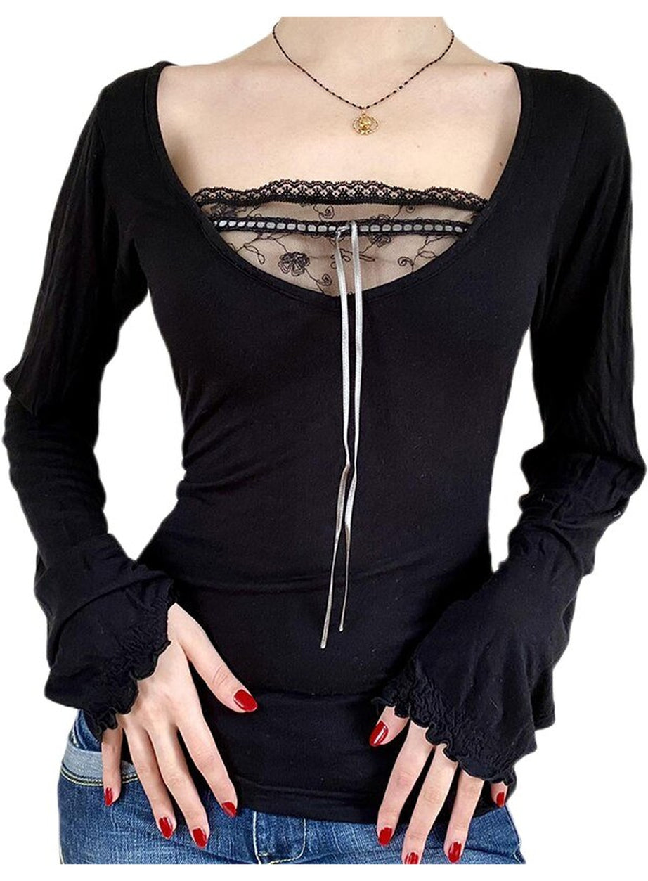 Y2k Vintage Black Long Sleeve Crop Top