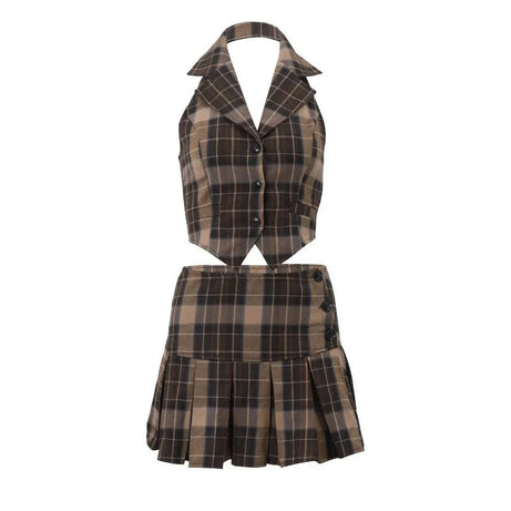 Vintage Plaid Two-Piece Set Skirt Top -