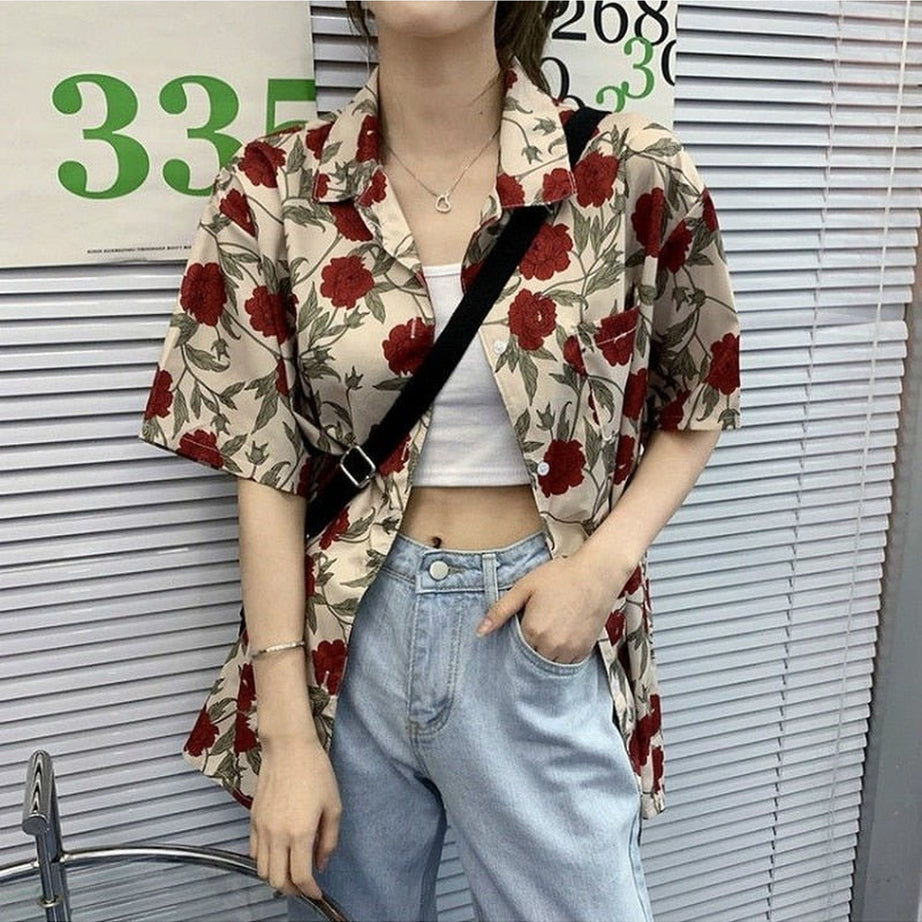 Y2k Vintage Rose Print Shirt