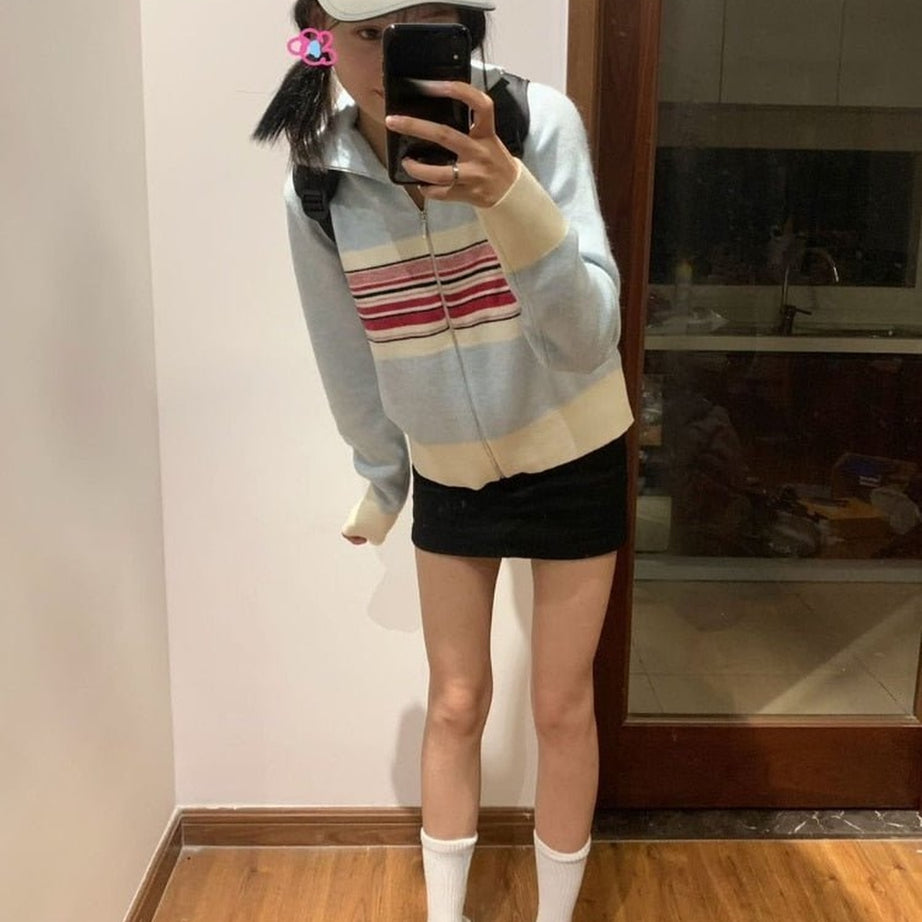 Y2k Vintage Striped Casual Cardigan