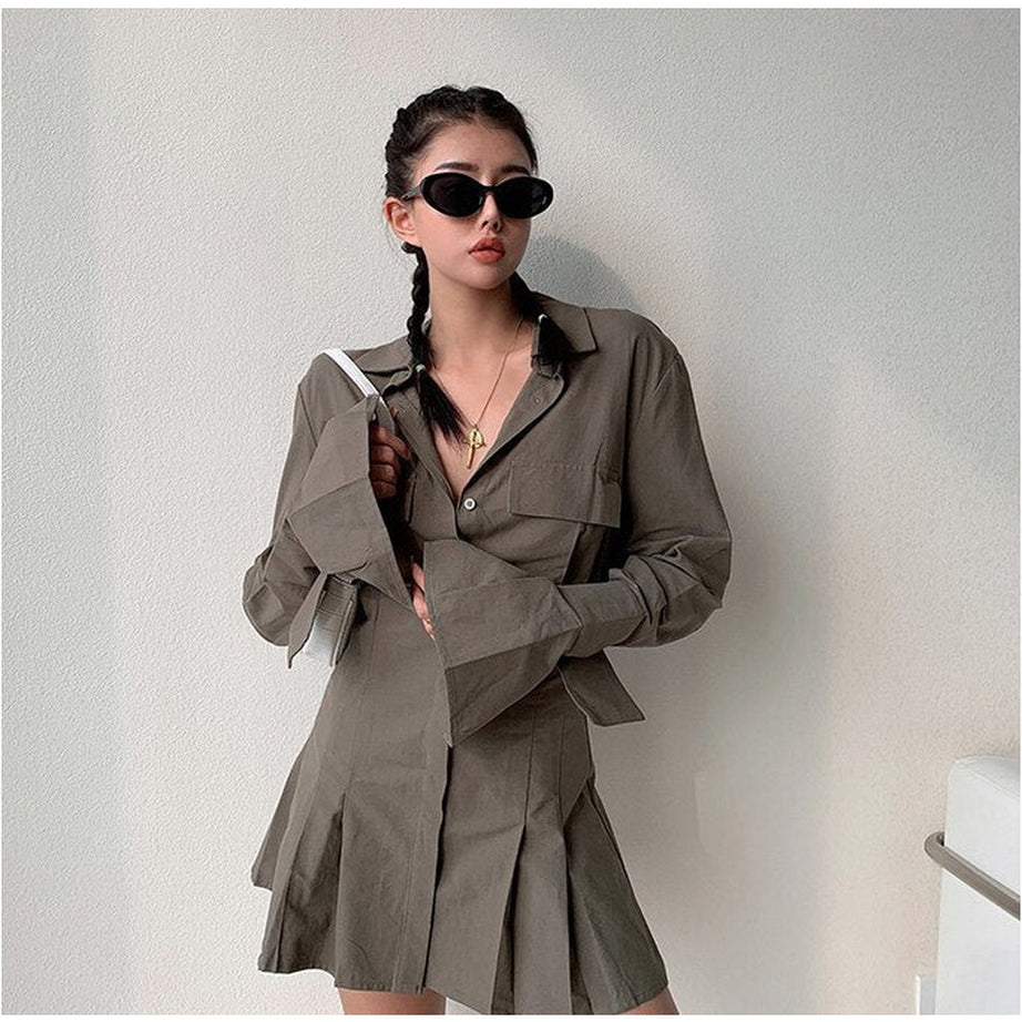 Y2k Waist Flare Shirt Dress