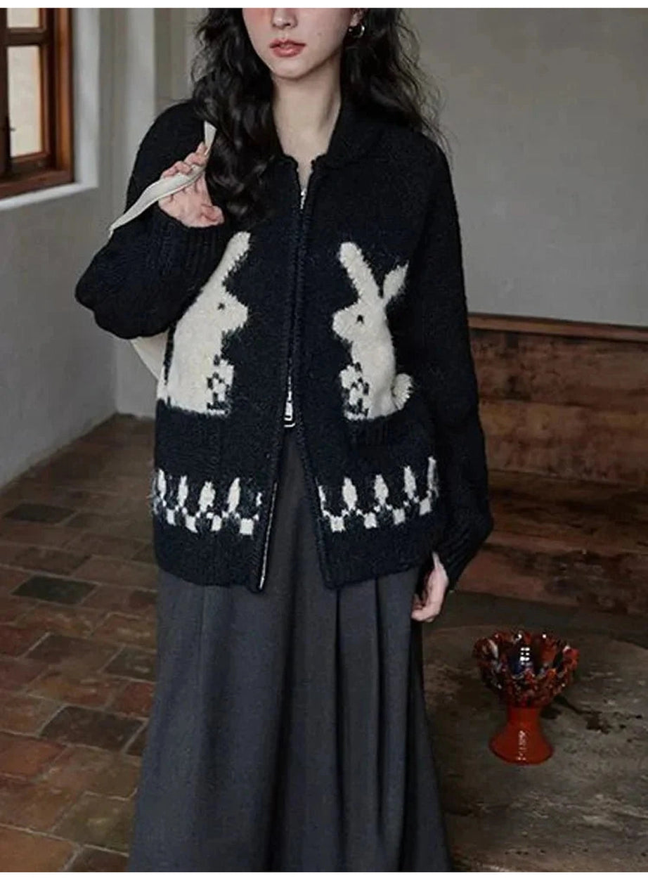 Y2k Whimsical Bunny Motif Zip-Up Cardigan