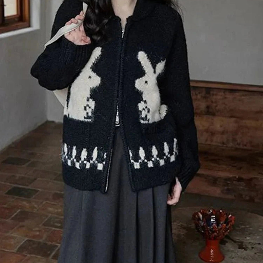 Y2k Whimsical Bunny Motif Zip-Up Cardigan