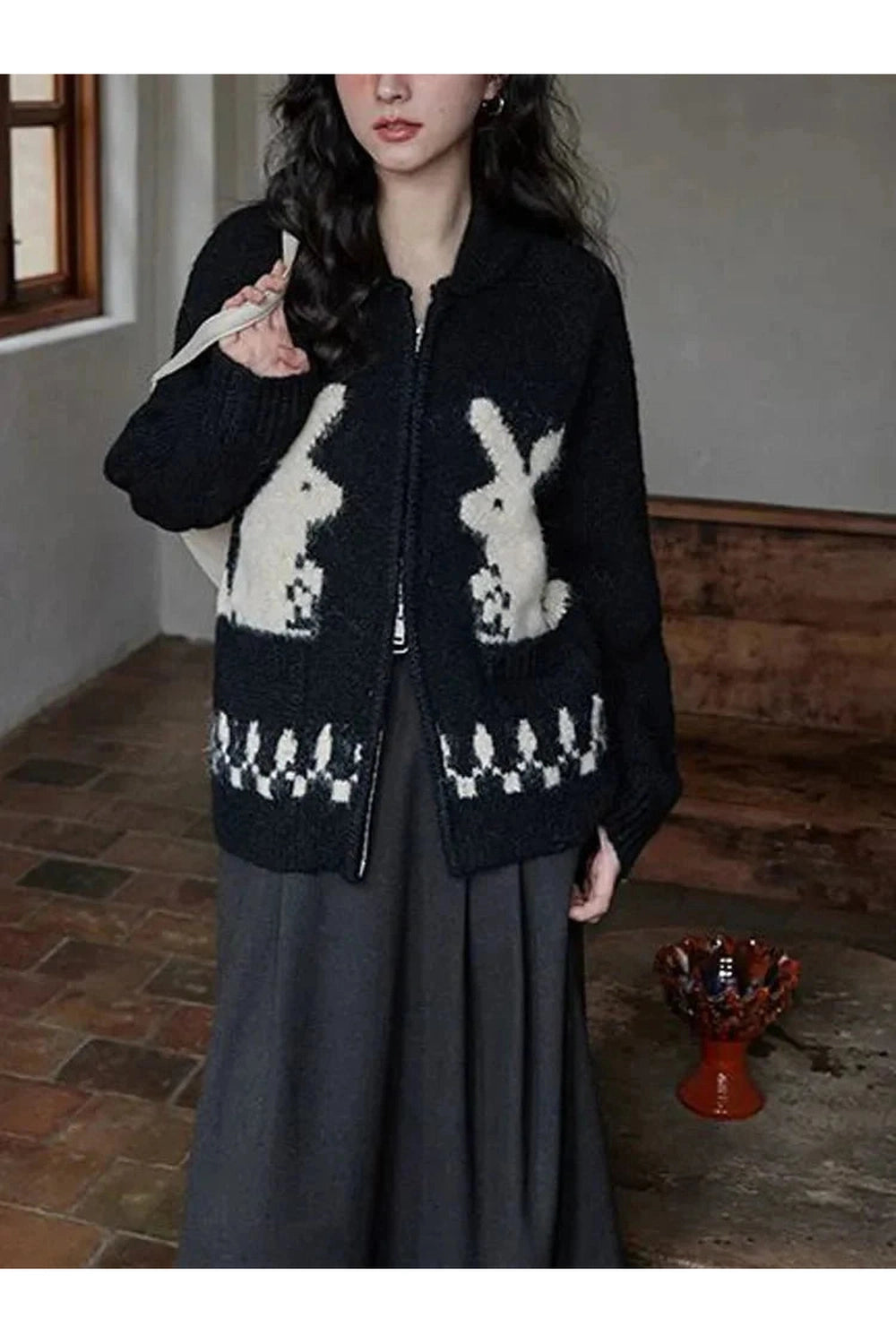 Y2k Whimsical Bunny Motif Zip-Up Cardigan